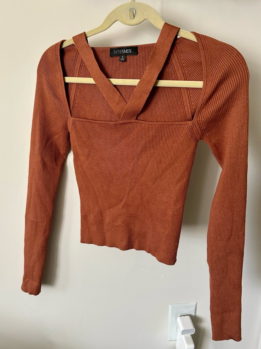 INTERMIX Rust Ribbed V-Detail Sweater